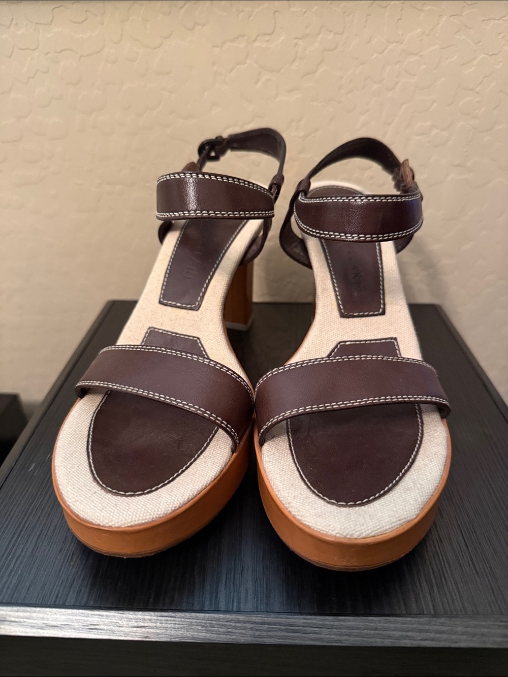 ANTONIO MELANI Brown Leather & Canvas Platform Wedge Sandals